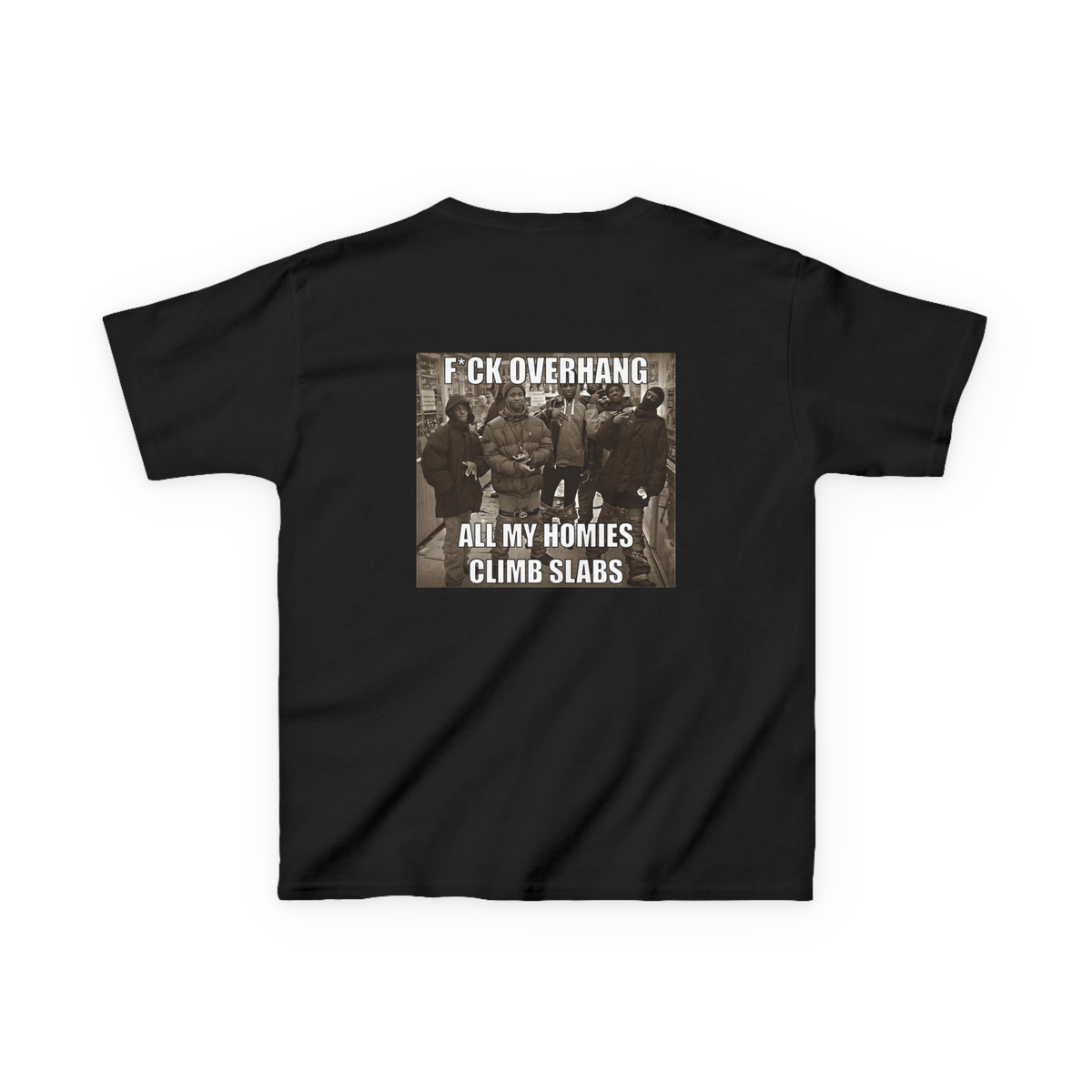 Back view of a black climbing baby tee featuring F*ck Overhang, All My Homies Climb Slabs meme.
