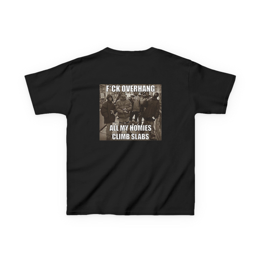 Back view of a black climbing baby tee featuring F*ck Overhang, All My Homies Climb Slabs meme.