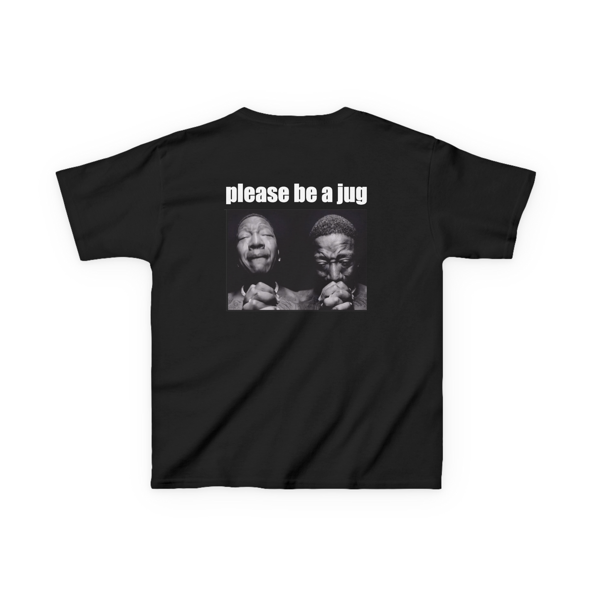 Back view of a black climbing baby tee featuring Please Be a Jug text above a black-and-white praying meme.