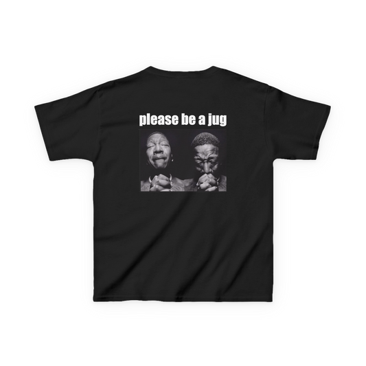 Back view of a black climbing baby tee featuring Please Be a Jug text above a black-and-white praying meme.
