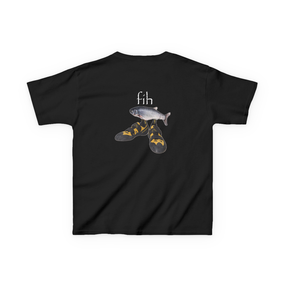Back view of a black Fih climbing baby tee with a fish wearing climbing shoes.