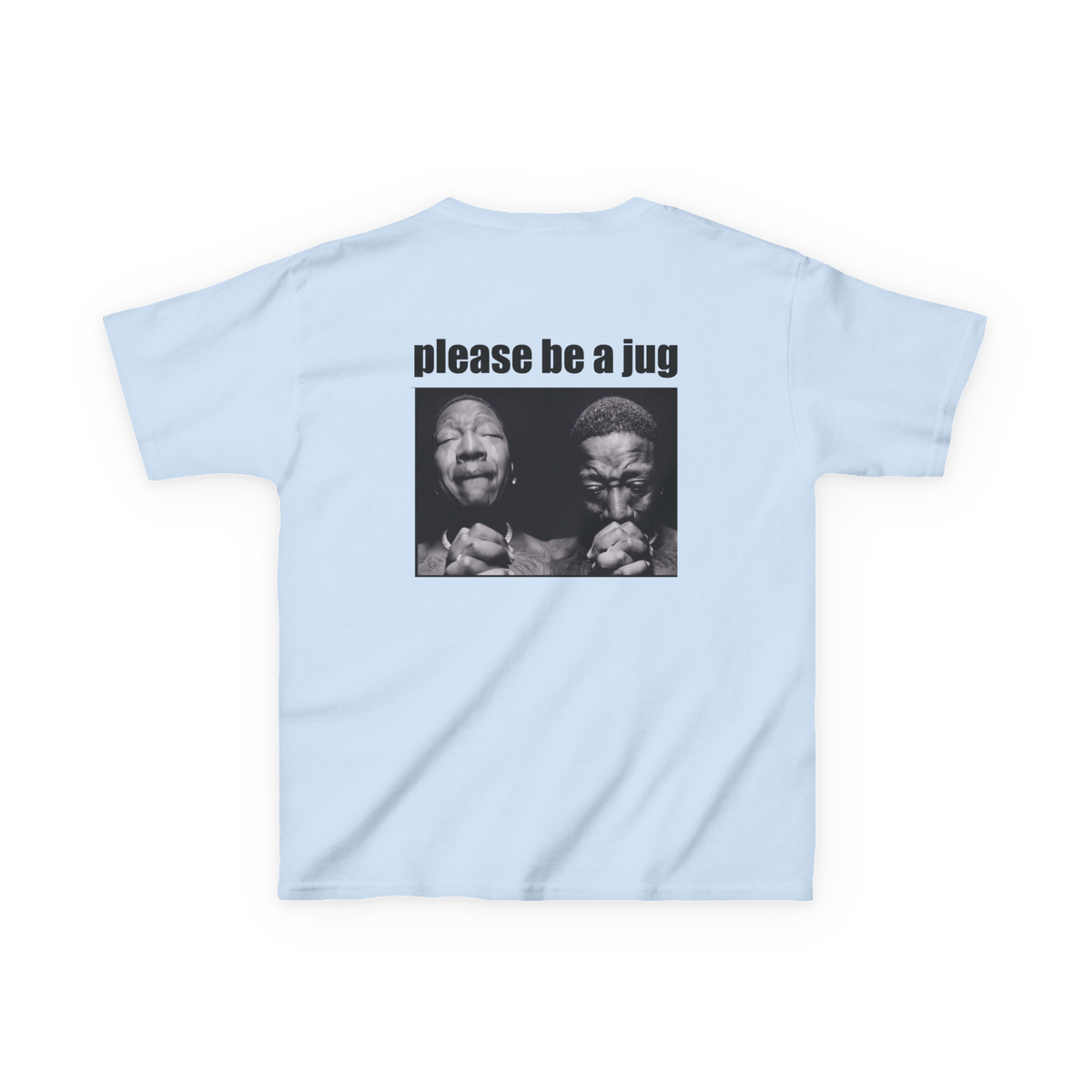 Back view of a light blue climbing baby tee featuring Please Be a Jug text above a black-and-white praying meme.