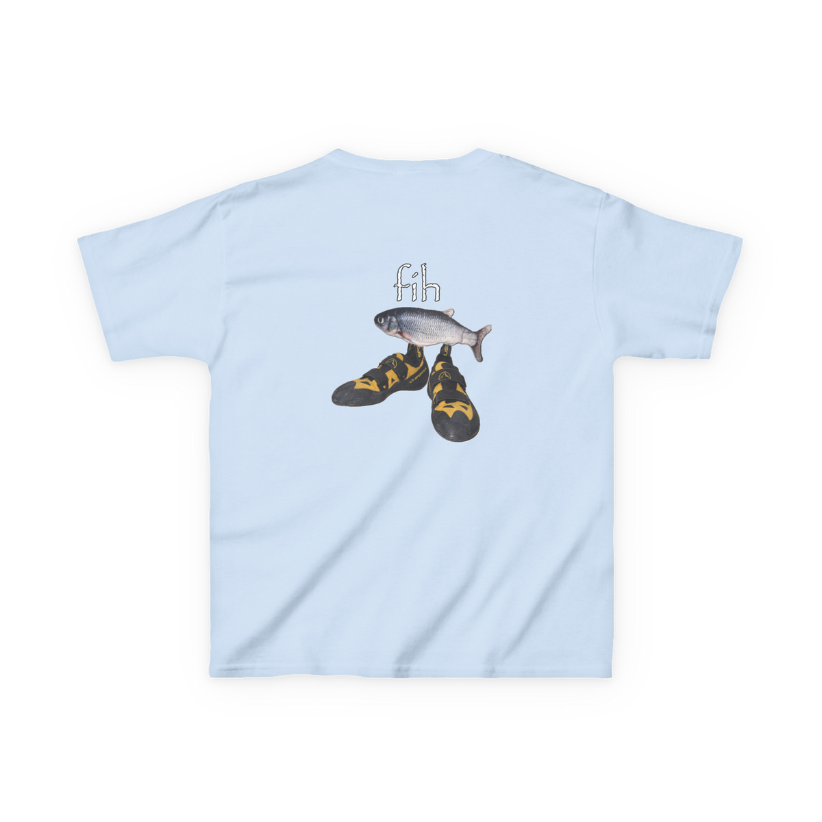 Back view of a light blue Fih climbing baby tee with a fish wearing climbing shoes.