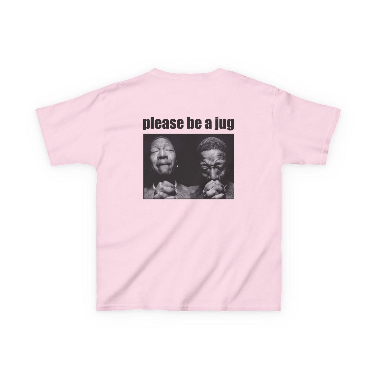 Back view of a light pink climbing baby tee featuring Please Be a Jug text above a black-and-white praying meme.