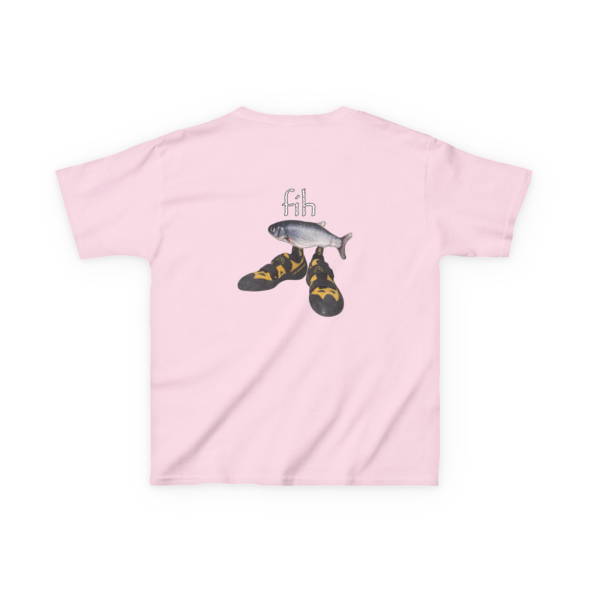 Back view of a light pink Fih climbing baby tee with a fish wearing climbing shoes.