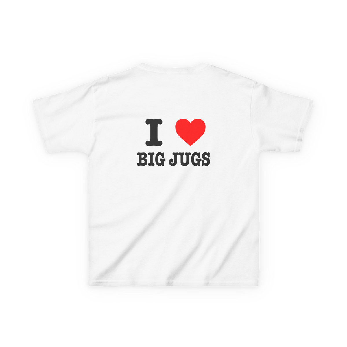Back view of a white climbing baby tee featuring I Heart Big Jugs lettering and a red heart.