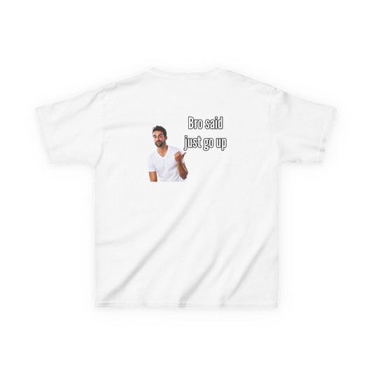 Back view of a white climbing baby tee featuring Bro Said Just Go Up text and a man gesturing.