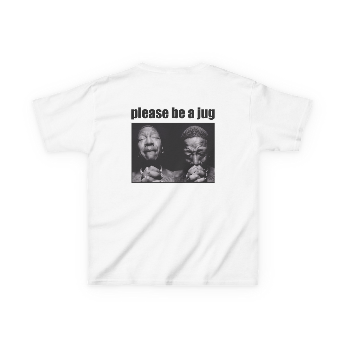 Back view of a white climbing baby tee featuring Please Be a Jug text above a black-and-white praying meme.