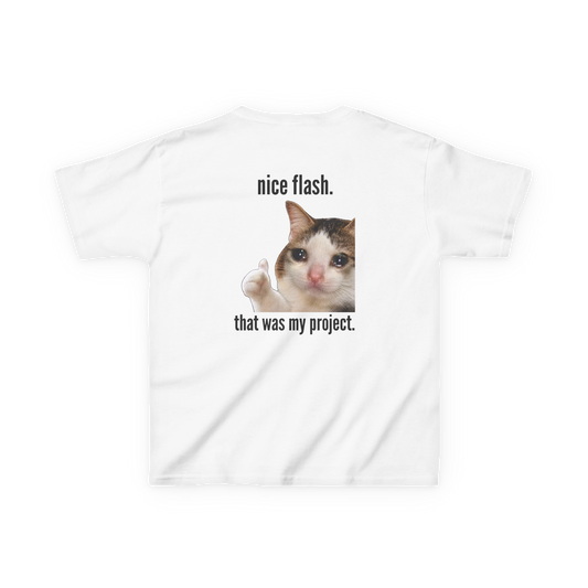 Back view of a white bouldering baby tee featuring Nice Flash. That Was My Project. text and a crying cat giving a thumbs-up.