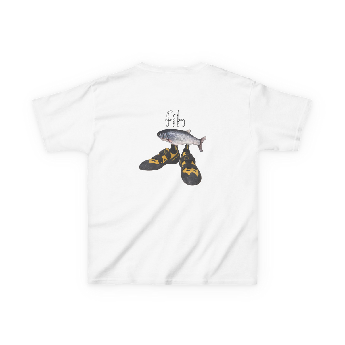 Back view of a white Fih climbing baby tee with a fish wearing climbing shoes.