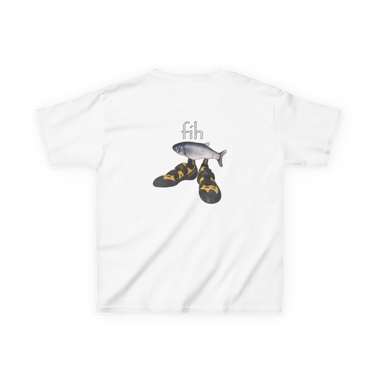Back view of a white Fih climbing baby tee with a fish wearing climbing shoes.