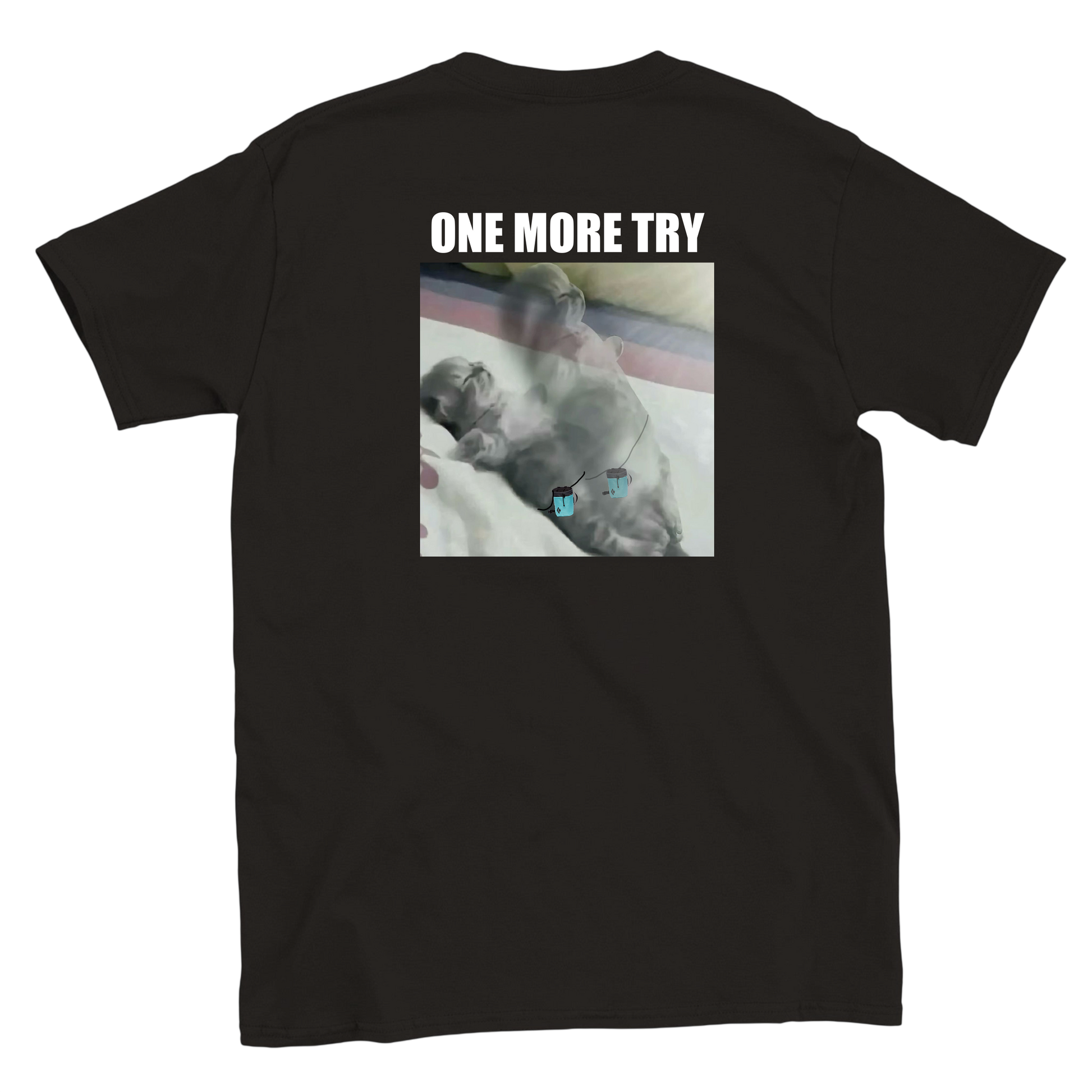 Funny climbing shirt with resurrected cat – one more try meme design for boulderers
