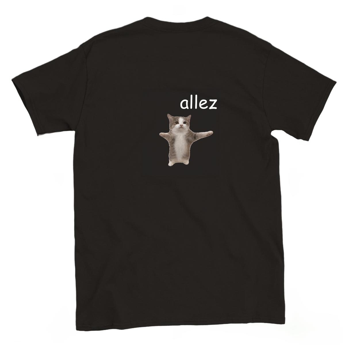 Back view of a black Allez climbing T-shirt with a funny bouldering graphic.