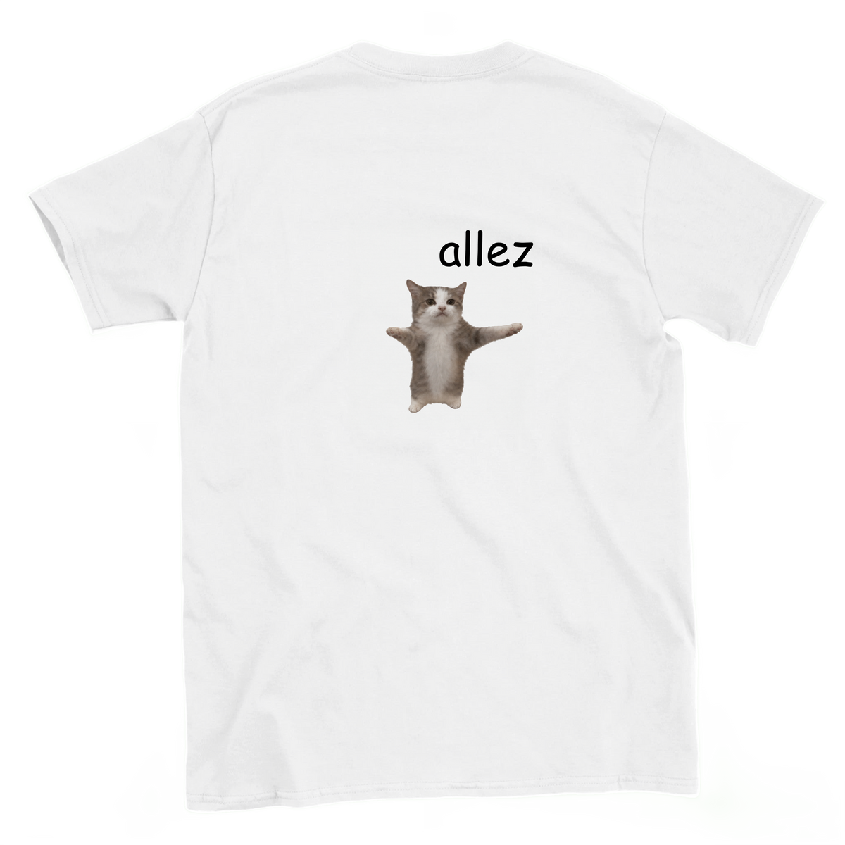 Back view of a white Allez climbing T-shirt with a funny bouldering graphic.