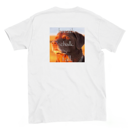 Back view of a white climbing T-shirt featuring Breath. Chalk. Fall. text over a fiery meme image.