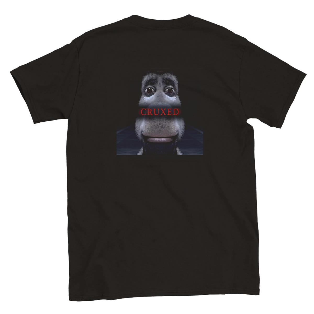 Back view of a black climbing T-shirt featuring Cruxed text across a sad cartoon donkey.