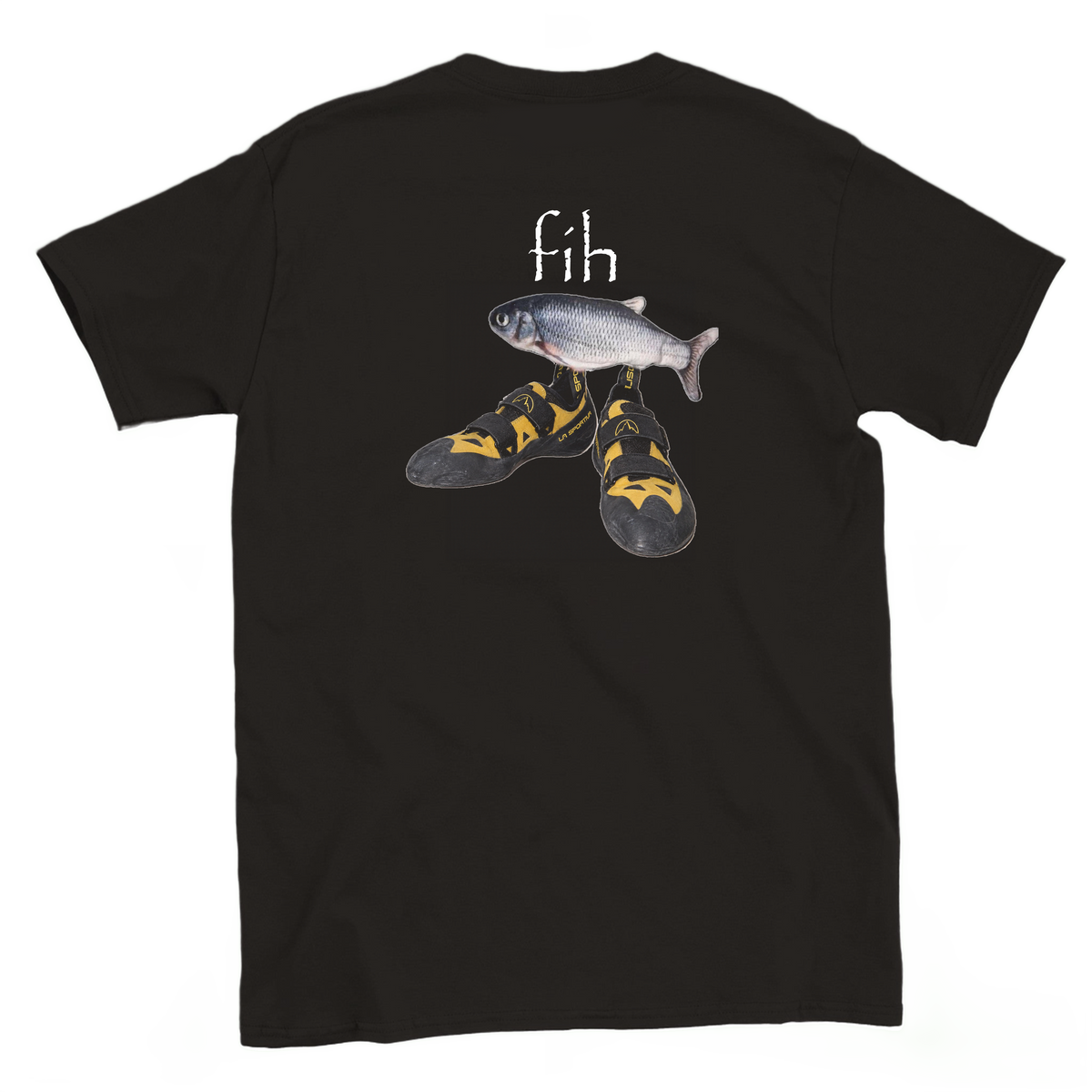 Back view of a black Fih climbing T-shirt with a fish wearing climbing shoes.