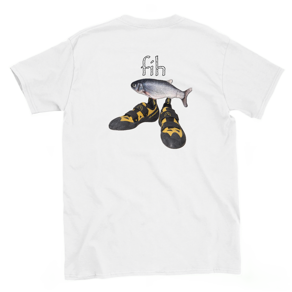 Back view of a white Fih climbing T-shirt with a fish wearing climbing shoes.