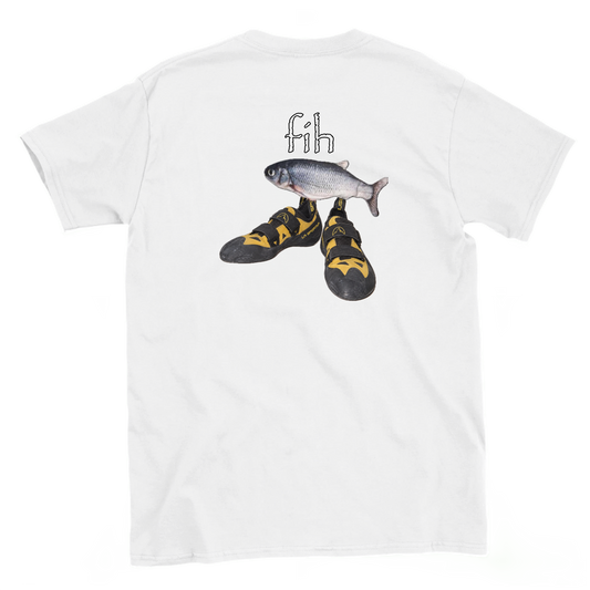 Back view of a white Fih climbing T-shirt with a fish wearing climbing shoes.