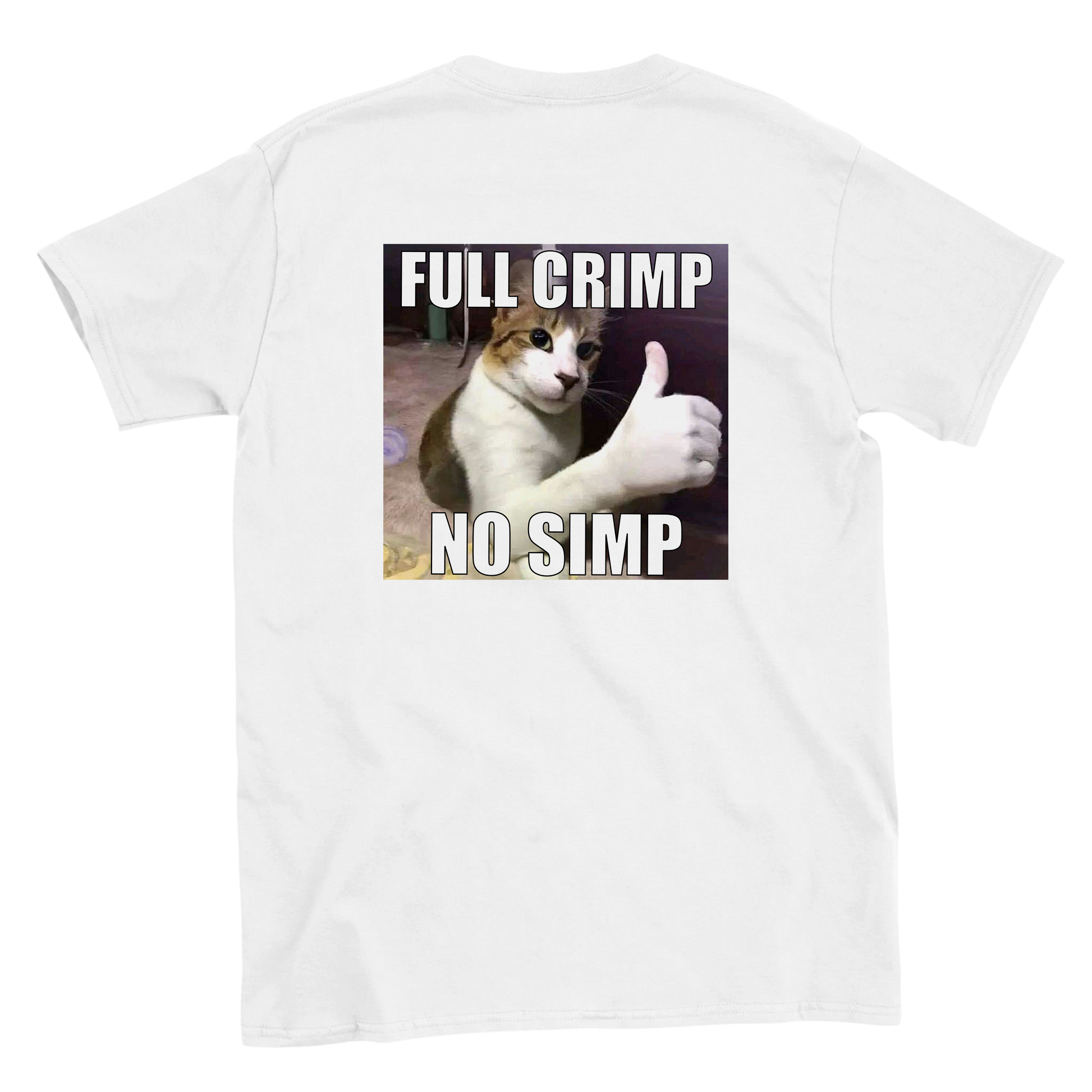 Funny climbing shirt with cat and full crimp no simp text – meme tee for boulderers and crimp fiends