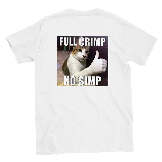 Funny climbing shirt with cat and full crimp no simp text – meme tee for boulderers and crimp fiends