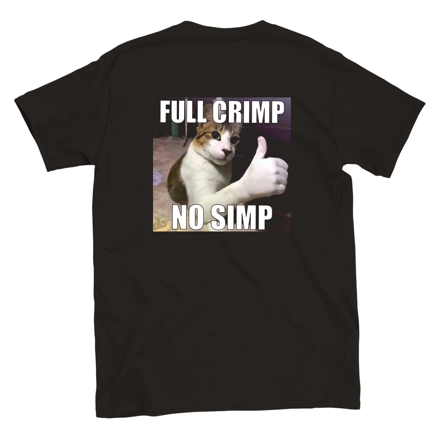 Funny climbing shirt with cat and full crimp no simp text – meme tee for boulderers and crimp fiends