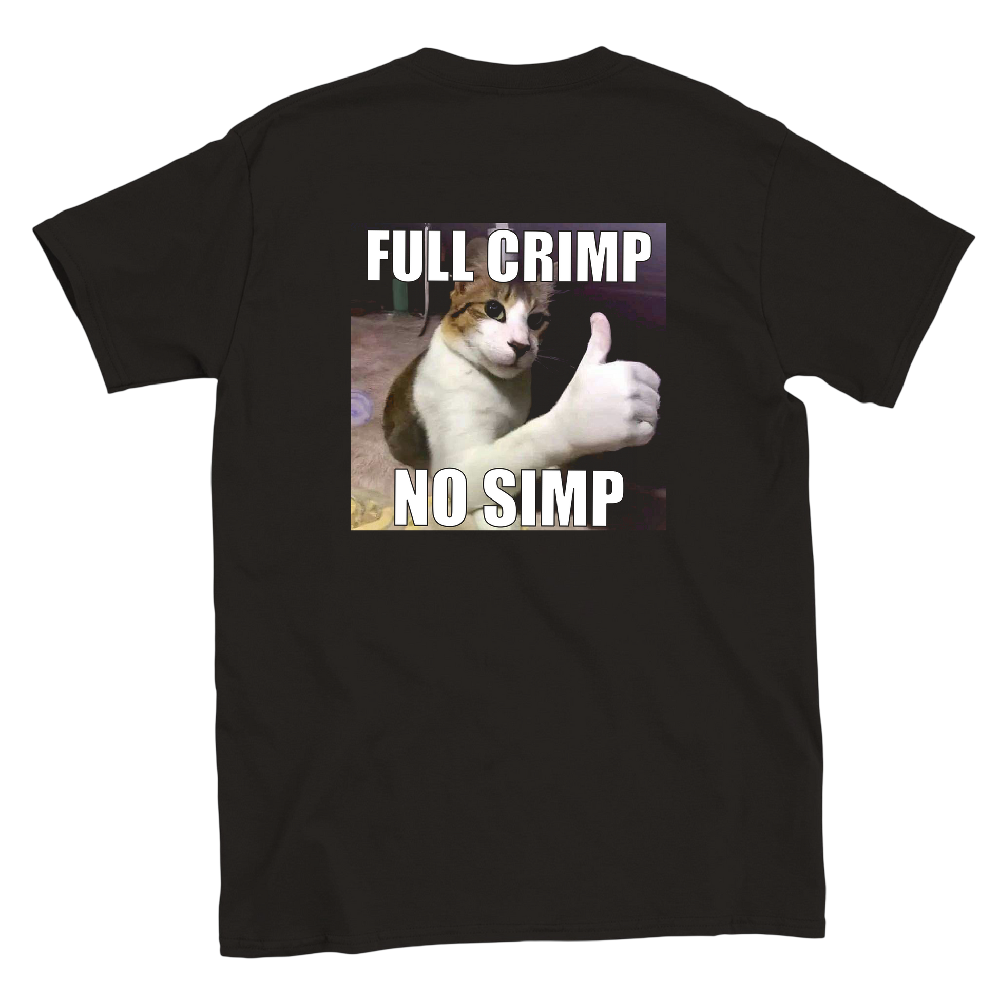 Funny climbing shirt with cat and full crimp no simp text – meme tee for boulderers and crimp fiends