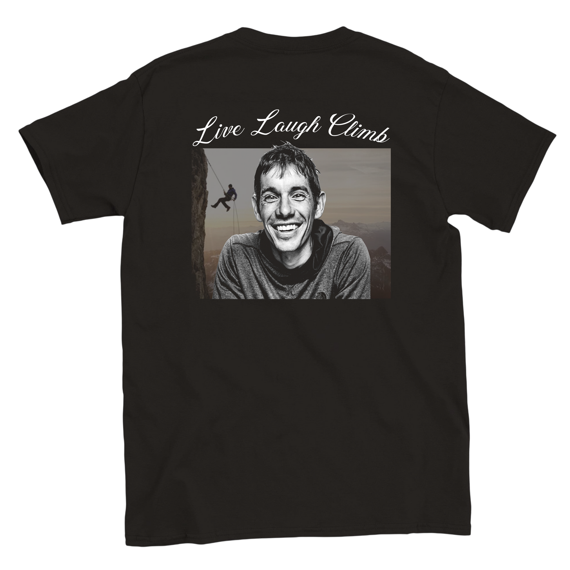 Funny climbing shirt with Alex Honnold and live laugh climb text – sarcastic meme tee for climbers

