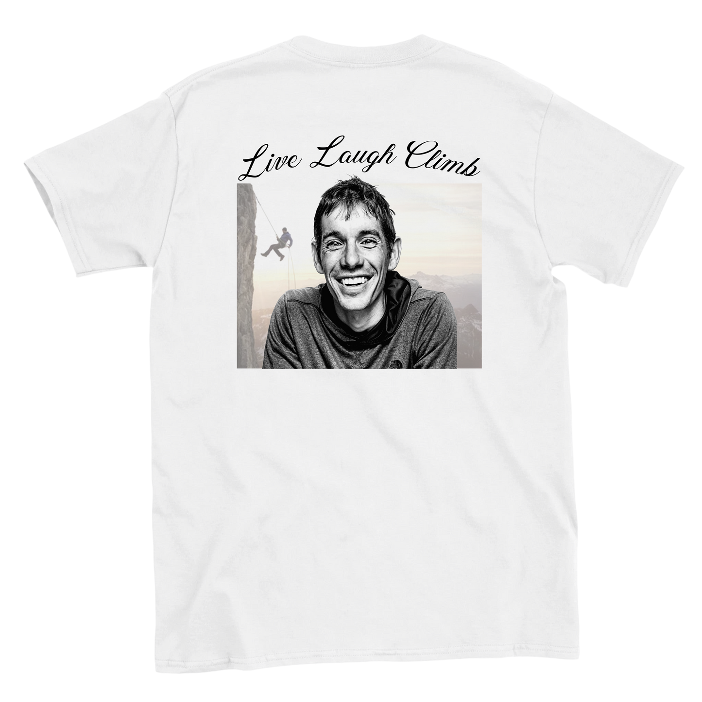 Funny climbing shirt with Alex Honnold and live laugh climb text – sarcastic meme tee for climbers
