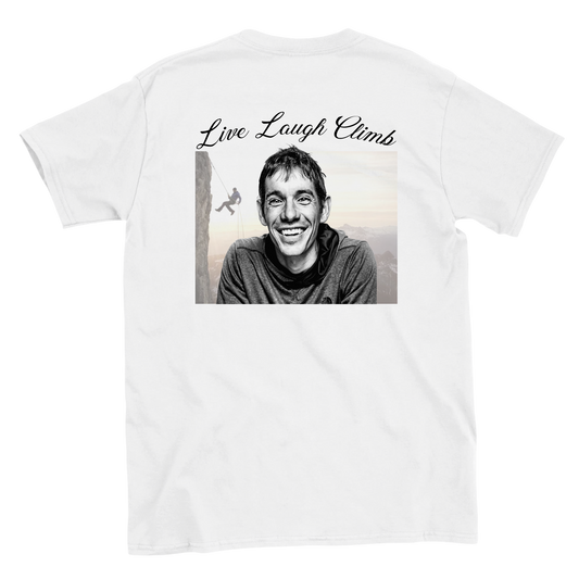 Funny climbing shirt with Alex Honnold and live laugh climb text – sarcastic meme tee for climbers
