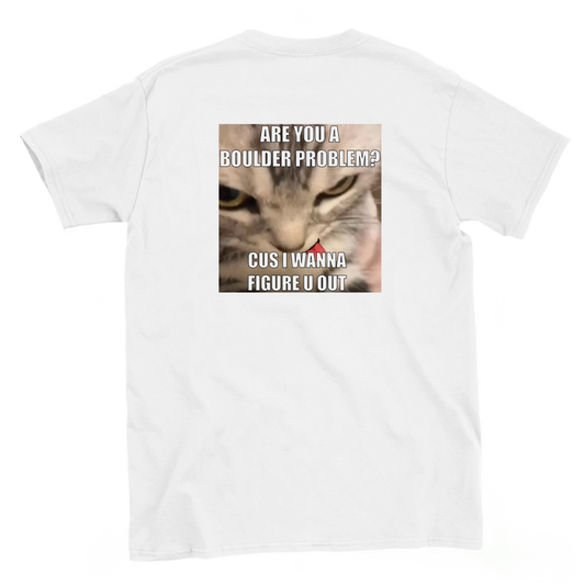 Back view of a white bouldering T-shirt featuring Are You a Boulder Problem? cat meme with 'cus I wanna figure u out' text.