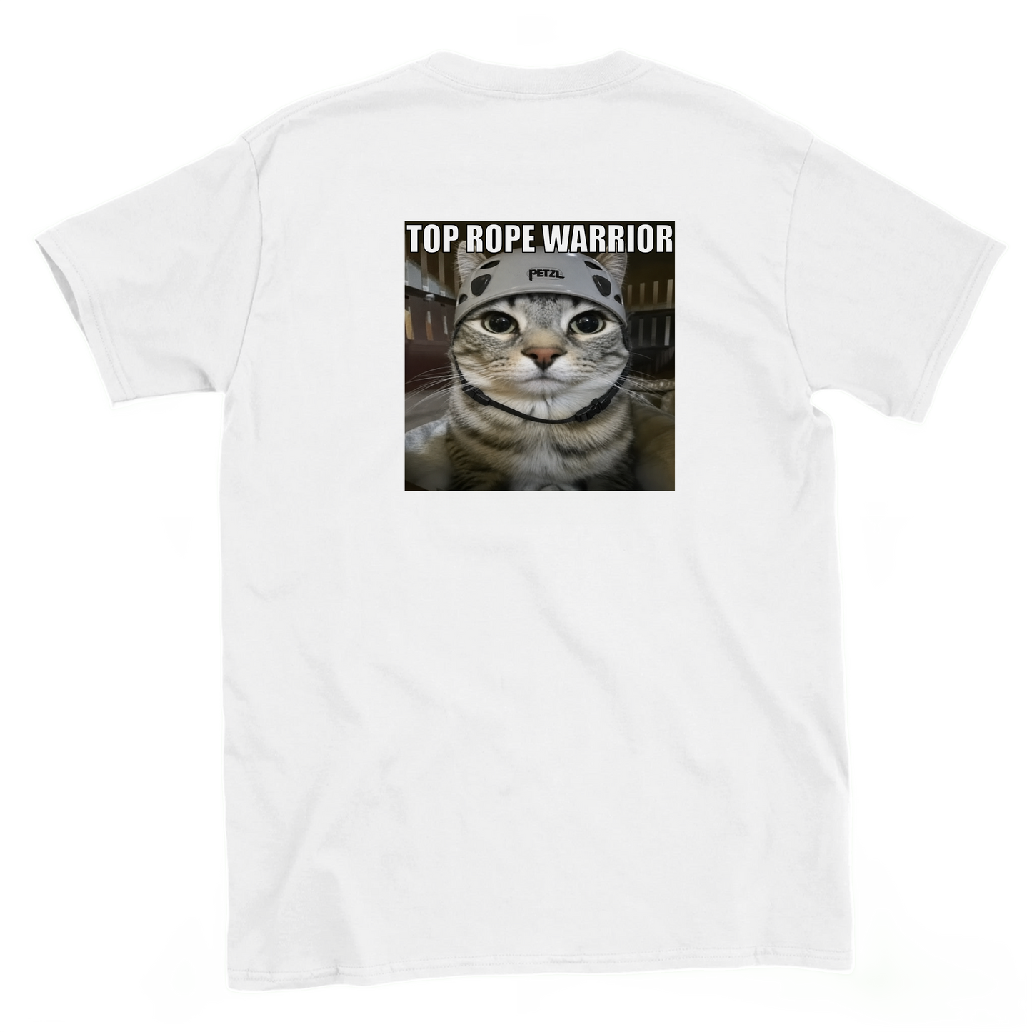 White t-shirt with a cat wearing a cap and 'Top Rope Warrior' text on a white background