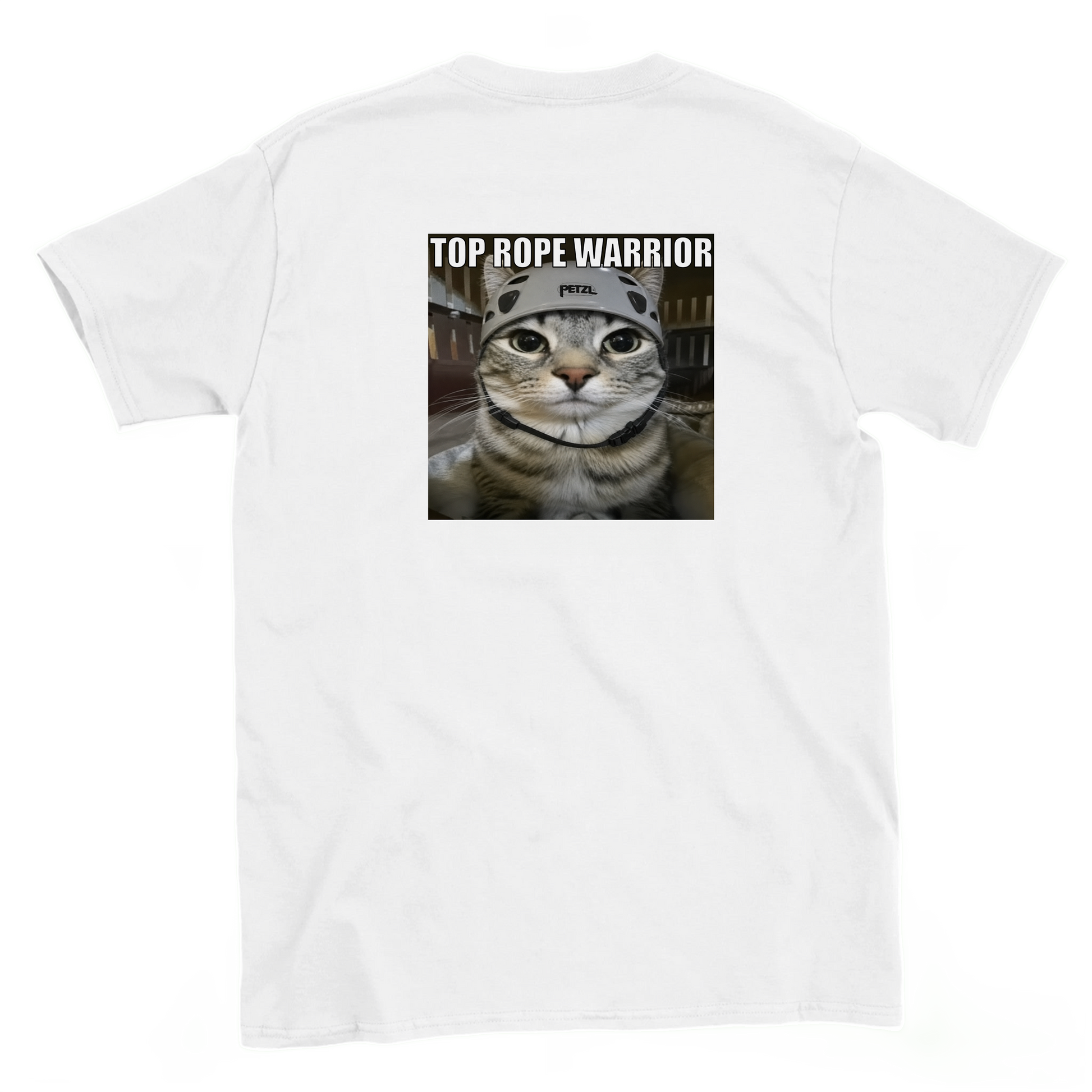 White t-shirt with a cat wearing a cap and 'Top Rope Warrior' text on a white background